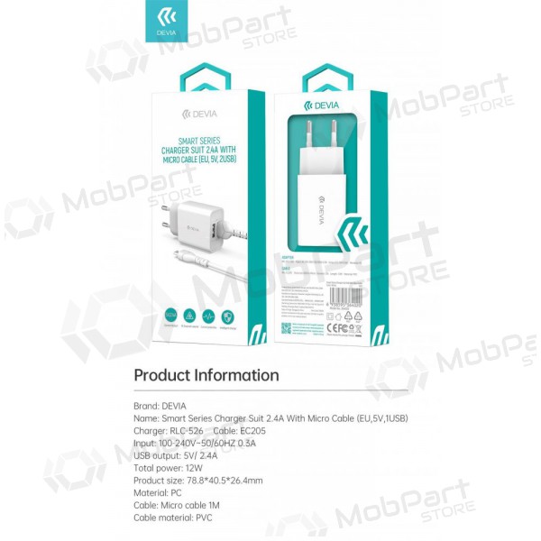 Cargador Devia Smart x 2 USB (2.4A) + MicroUSB, (blanco)