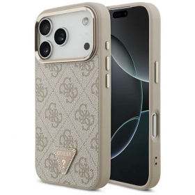 Funda para Apple iPhone 17 Pro Max - Guess PU Leather 4G Strass Triangle Logo Gold Frame MagSafe (rosa)