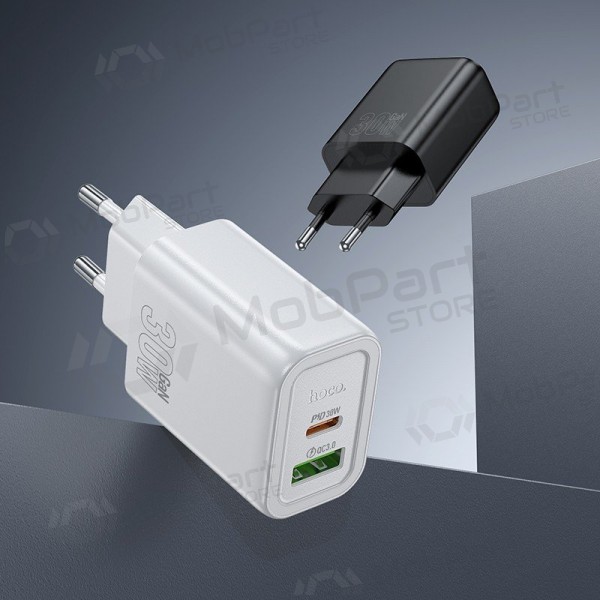 Cargador de teléfono Hoco N63 30 W GaN USB-C + USB-A con cable Lightning de 1 m blanco
