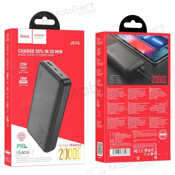 Batería externa Power Bank Hoco J87A Type-C PD 20W+Quick Charge 3.0 20000mAh negro