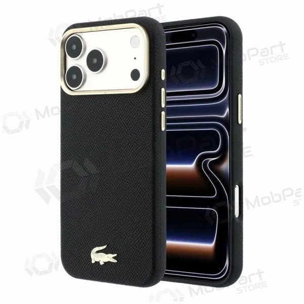 Funda para Apple iPhone 18 Pro Max - Lacoste PU Leather Champs Elysees Gold Logo MagSafe (negra)