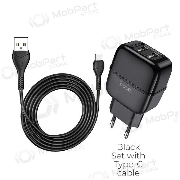 Cargador HOCO C77A Highway Dual USB + type-C cable (5V 2.4A) (negro)