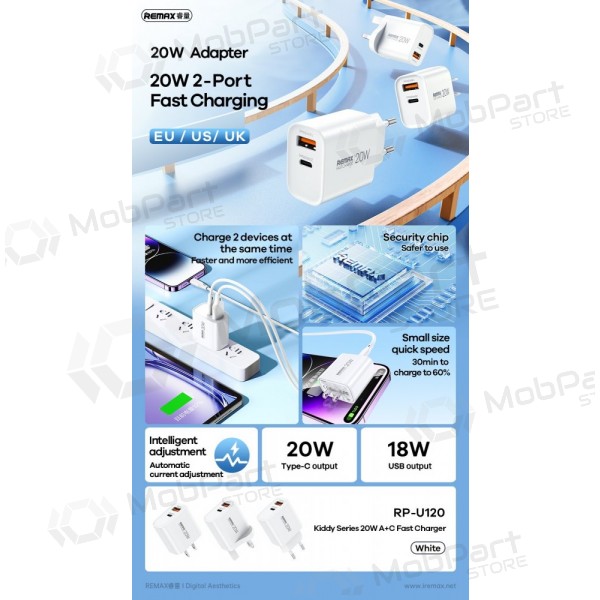 Cargador de teléfono Remax RP-U120 20 W USB-C + USB-A blanco