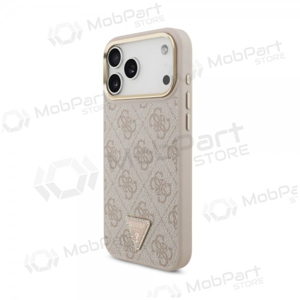 Funda para Apple iPhone 18 Pro - Guess PU Leather 4G Strass Triangle Logo Gold Frame MagSafe (rosa)