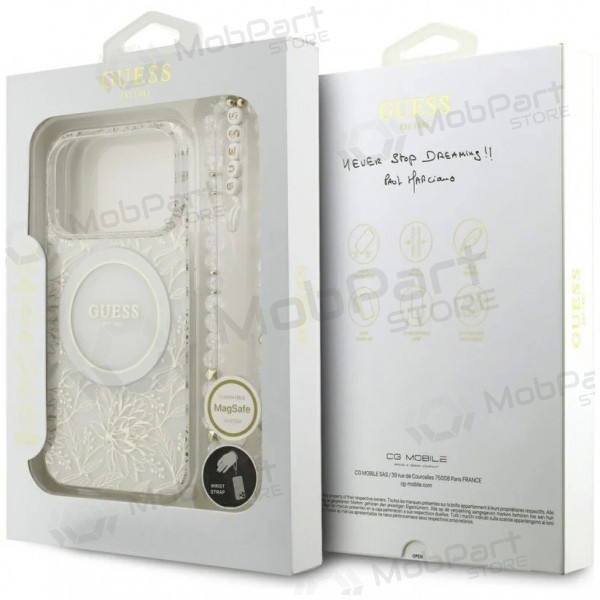 Funda para Apple iPhone 18 Pro - Guess IML Flowers Allover Strap MagSafe (blanco)