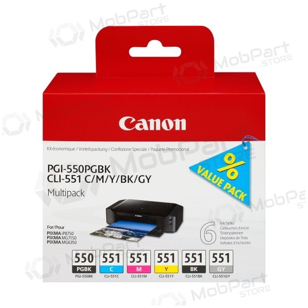Canon PGI-550/CLI-551 (6496B005) Juego de cartuchos de tinta, PGBK/C/M/Y/BK/GY